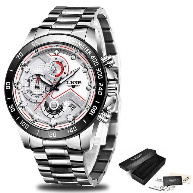 Watches Men Luxury Brand LIGE Chronograph Men Sports Watches Waterproof Full Steel Quartz Men's Watch