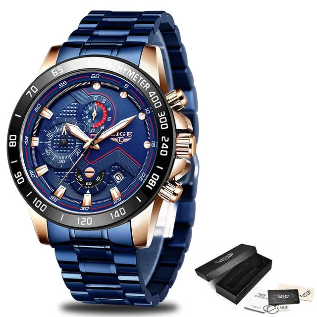 Watches Men Luxury Brand LIGE Chronograph Men Sports Watches Waterproof Full Steel Quartz Men's Watch