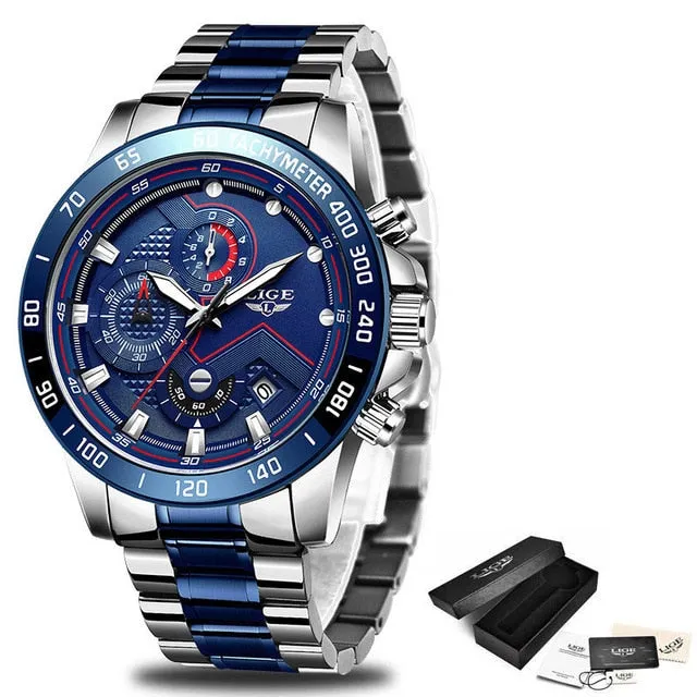 Watches Men Luxury Brand LIGE Chronograph Men Sports Watches Waterproof Full Steel Quartz Men's Watch
