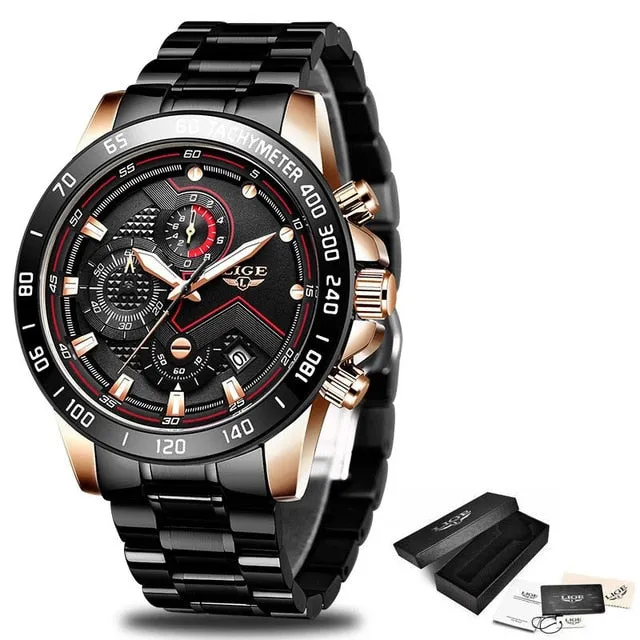 Watches Men Luxury Brand LIGE Chronograph Men Sports Watches Waterproof Full Steel Quartz Men's Watch