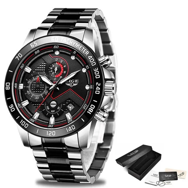 Watches Men Luxury Brand LIGE Chronograph Men Sports Watches Waterproof Full Steel Quartz Men's Watch