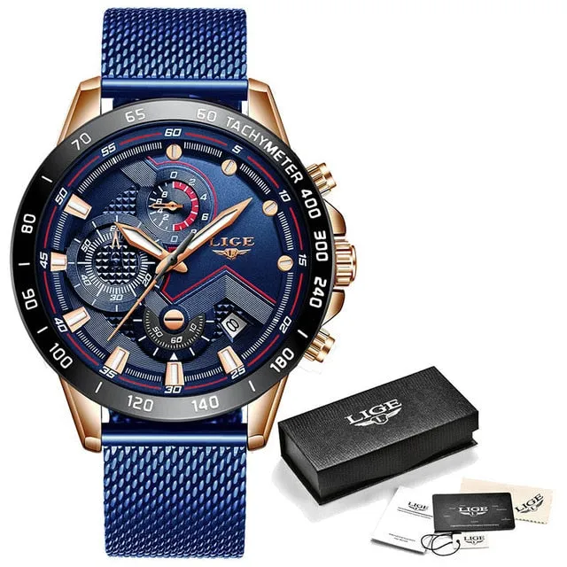 Watches Men Luxury Brand LIGE Chronograph Men Sports Watches Waterproof Full Steel Quartz Men's Watch