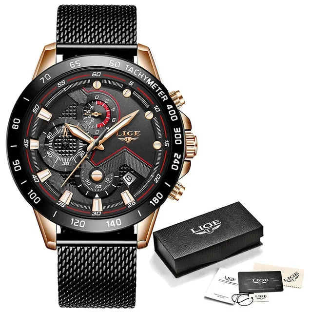 Watches Men Luxury Brand LIGE Chronograph Men Sports Watches Waterproof Full Steel Quartz Men's Watch