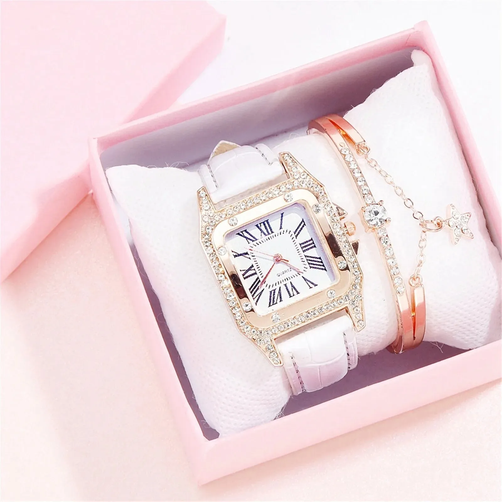 Women'S Watch Ladies Strap, Square Dial, Diamond and Star Bracelet Quartz Watch Set