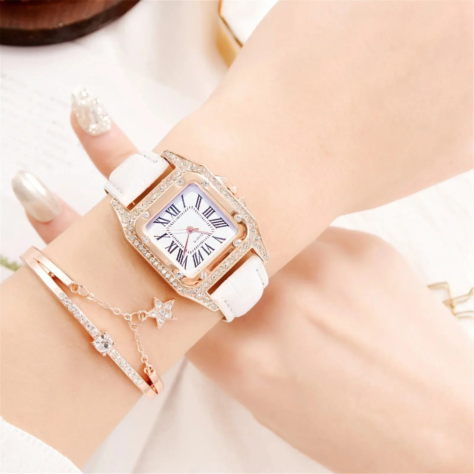 Women'S Watch Ladies Strap, Square Dial, Diamond and Star Bracelet Quartz Watch Set