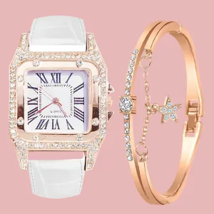 Women'S Watch Ladies Strap, Square Dial, Diamond and Star Bracelet Quartz Watch Set