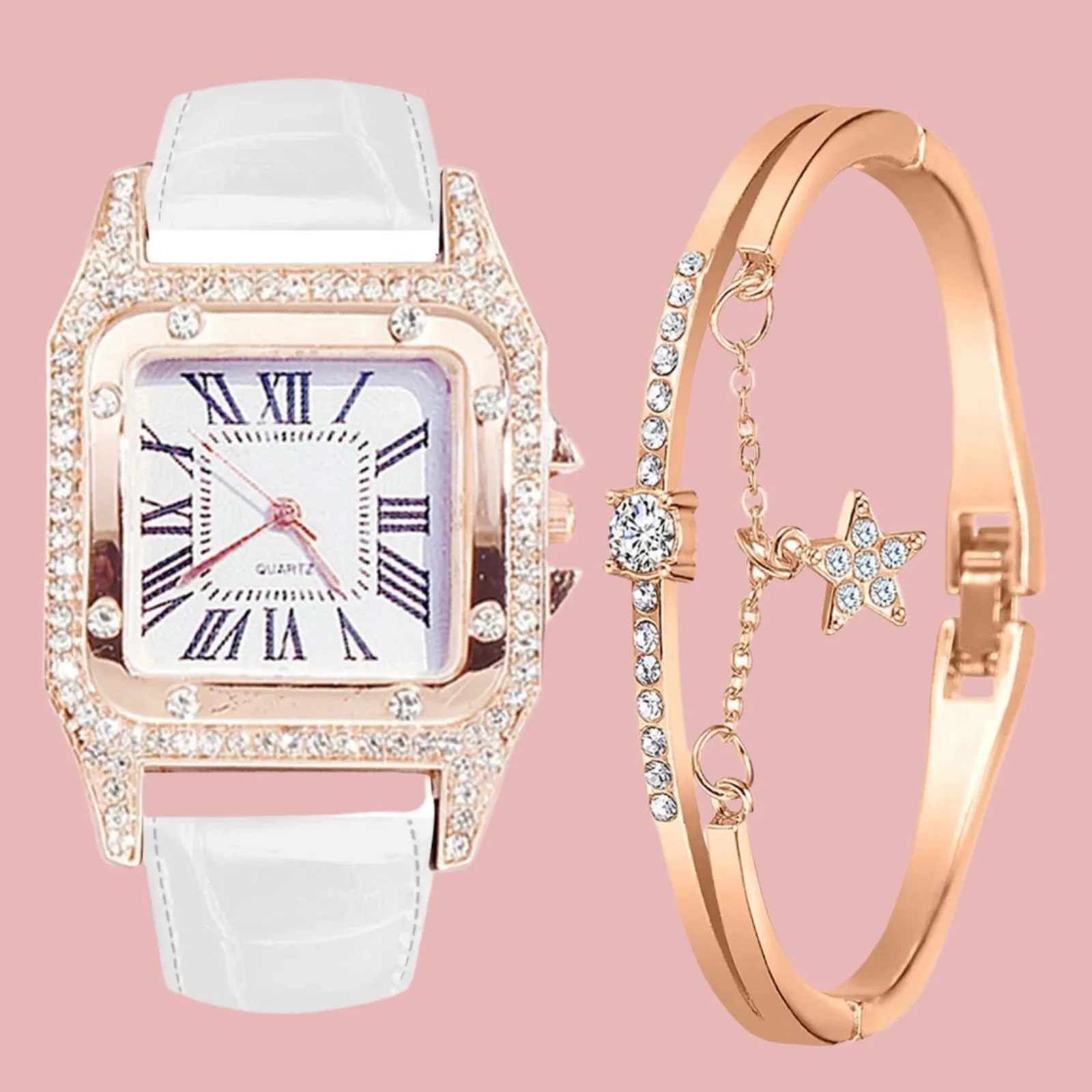 Women'S Watch Ladies Strap, Square Dial, Diamond and Star Bracelet Quartz Watch Set